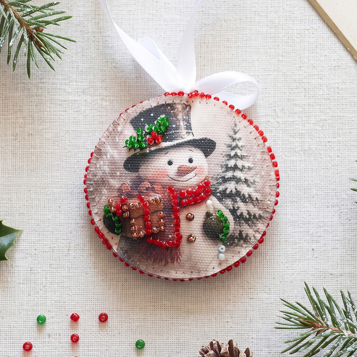 Bead Embroidery Kit Christmas Ornament • Santa & Snowman