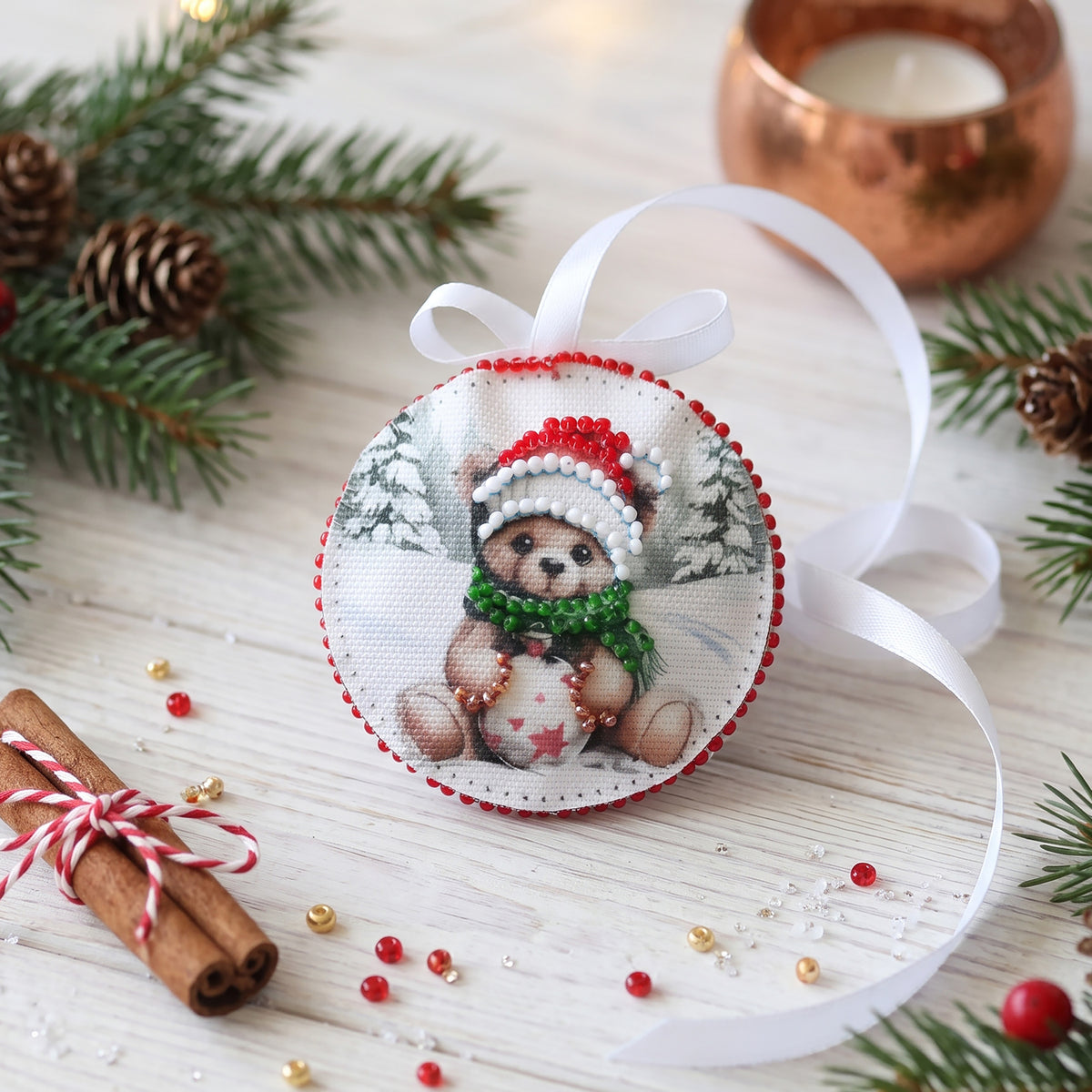 Bead Embroidery Kit Christmas Ornament • Teddy Bear & Car with Christmas Tree