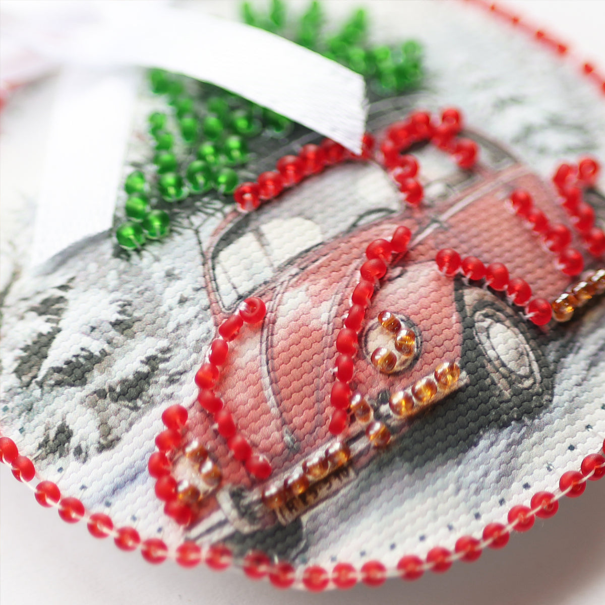 Bead Embroidery Kit Christmas Ornament • Teddy Bear & Car with Christmas Tree