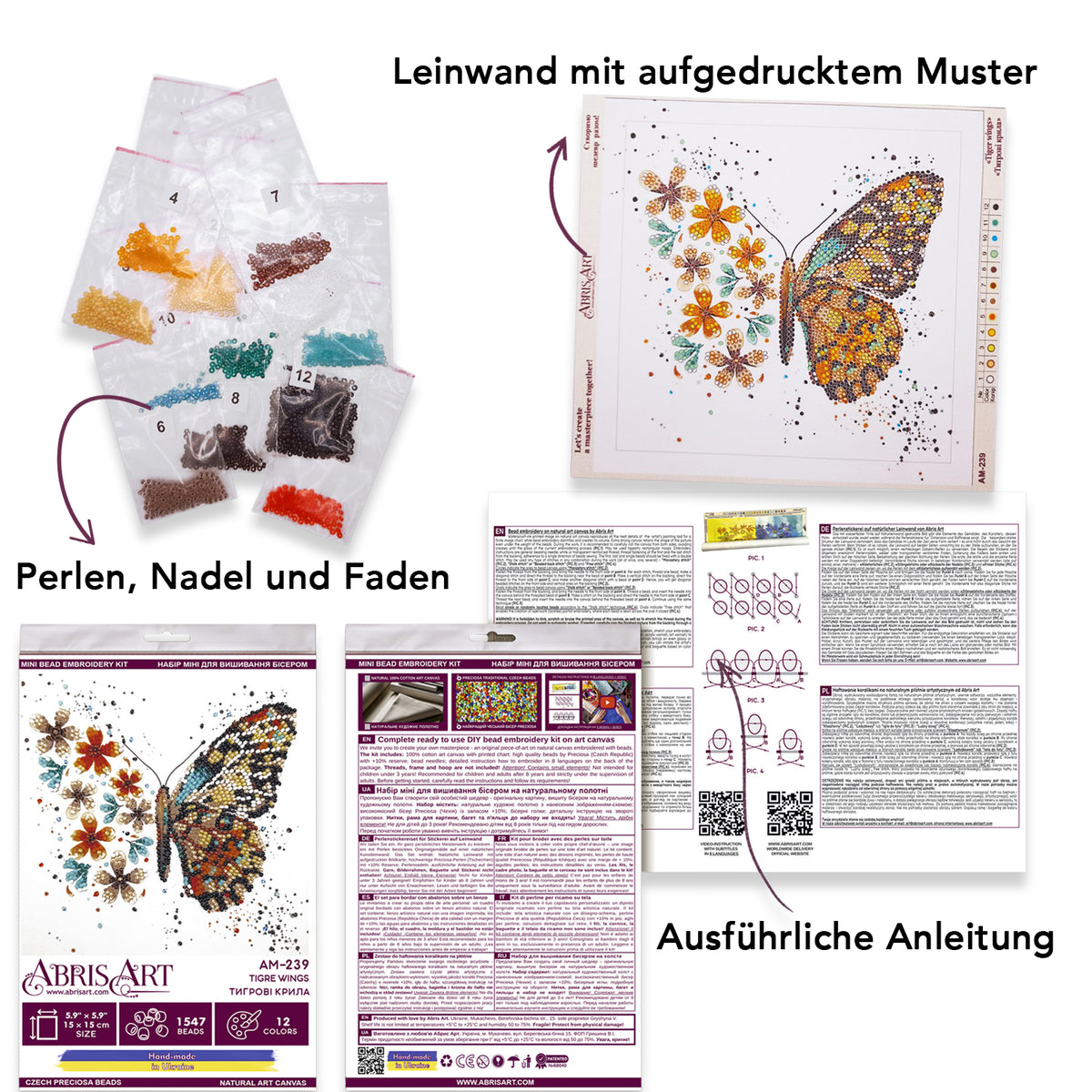 Kit ricamo perline 15 × 15 cm • Farfalla tigrata & fiori