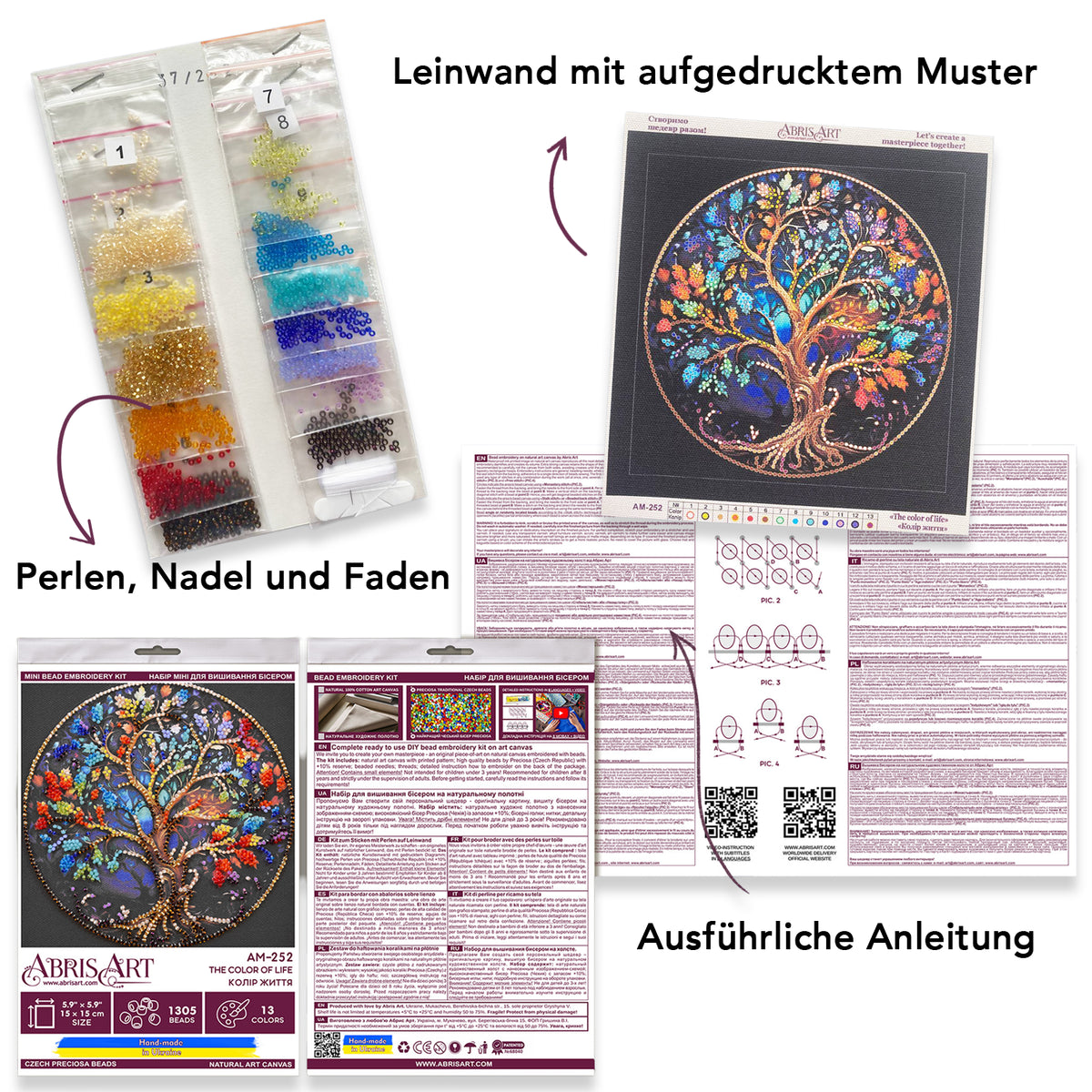 Perlen-Stickbild 15 × 15 cm • Lebensbaum in Regenbogenfarben