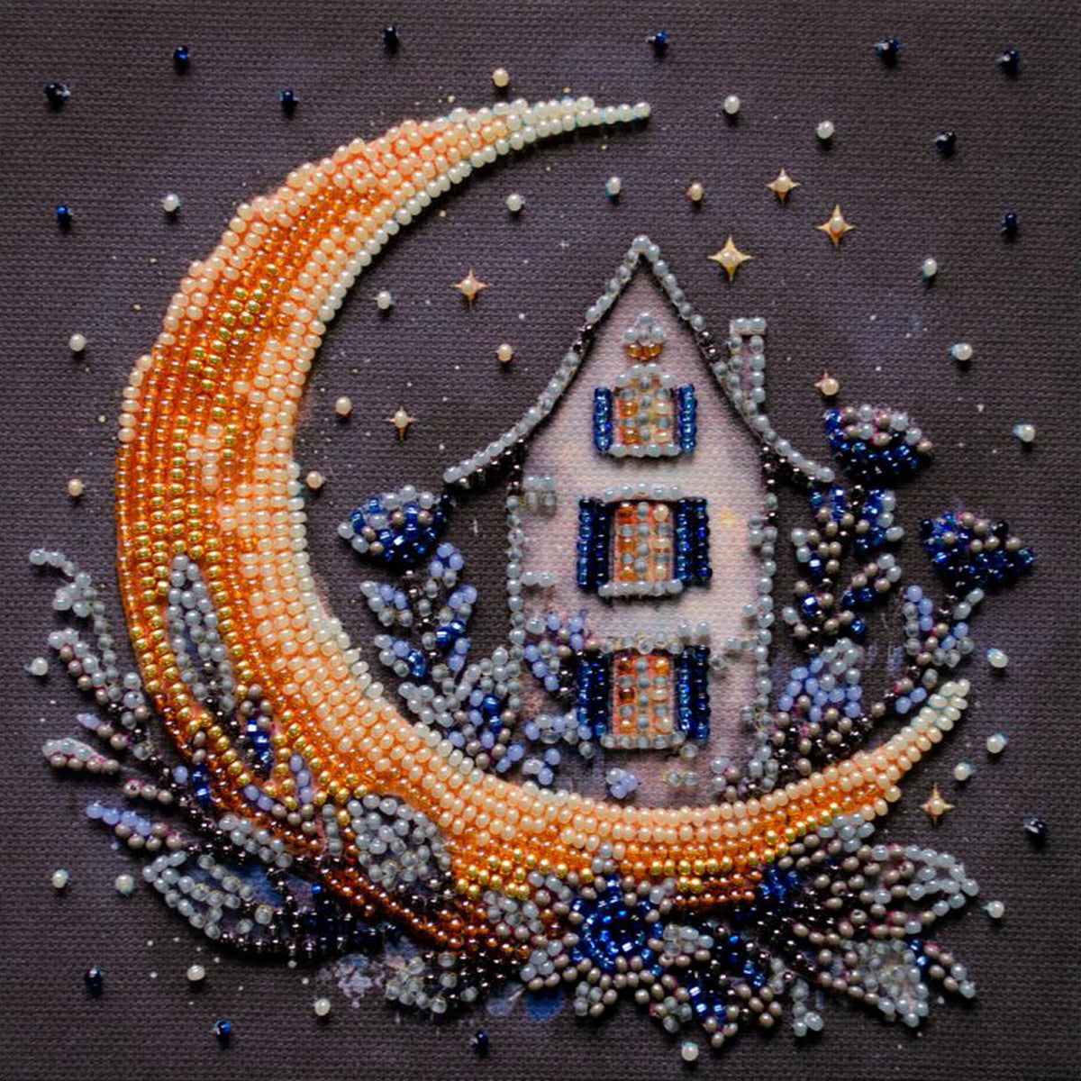 Perlen-Stickbild 15 × 15 cm • Mondsichel & Sternenhimmel