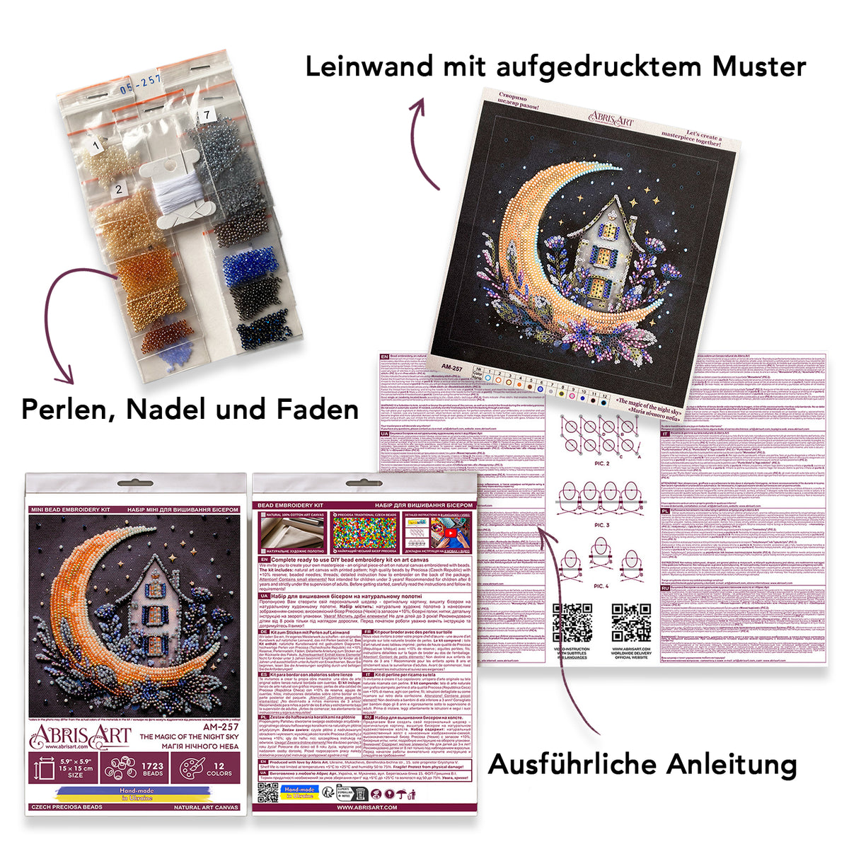 Perlen-Stickbild 15 × 15 cm • Mondsichel & Sternenhimmel