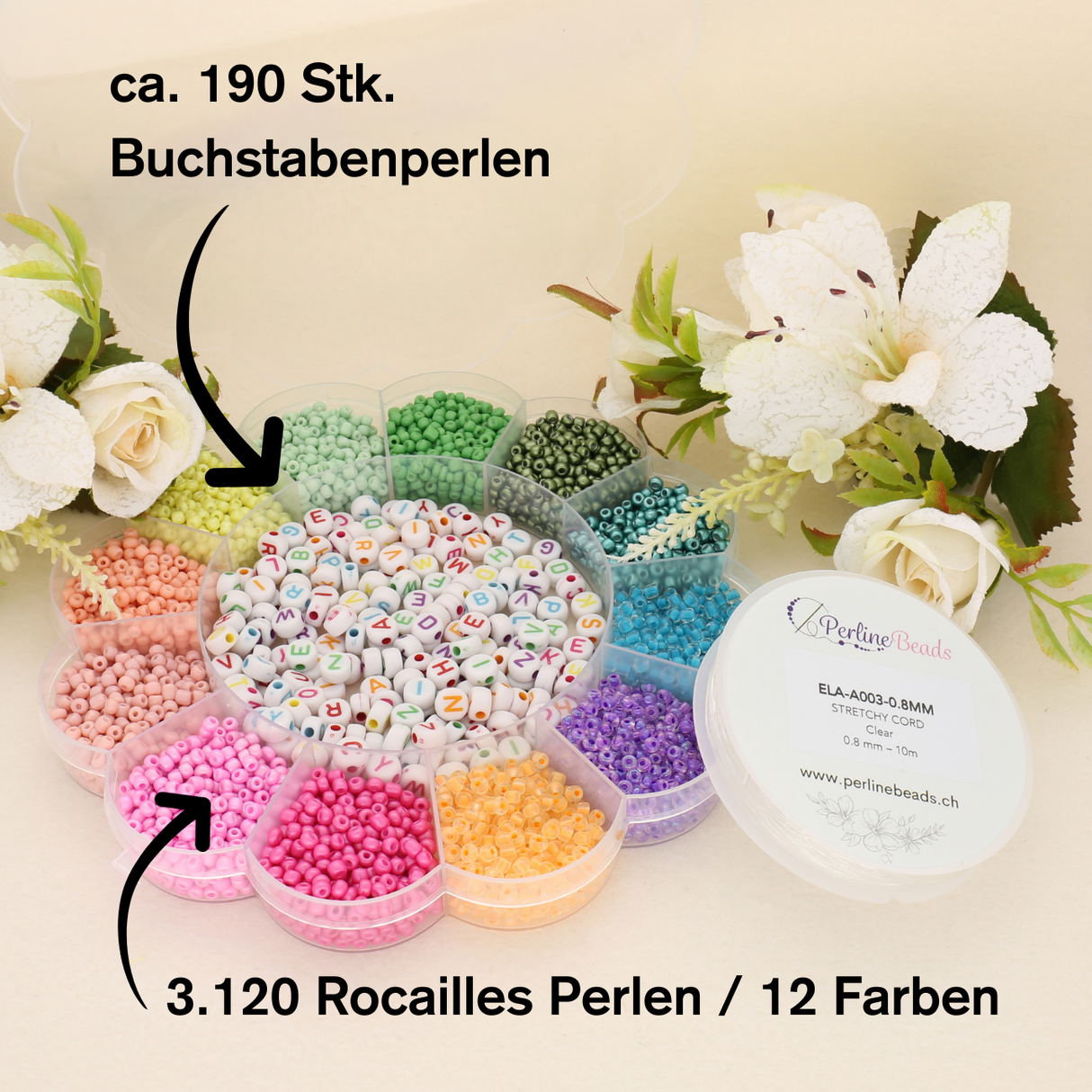 Perles de verre Rocailles 8/0 taille irrégulière - boîte avec perles de lettres