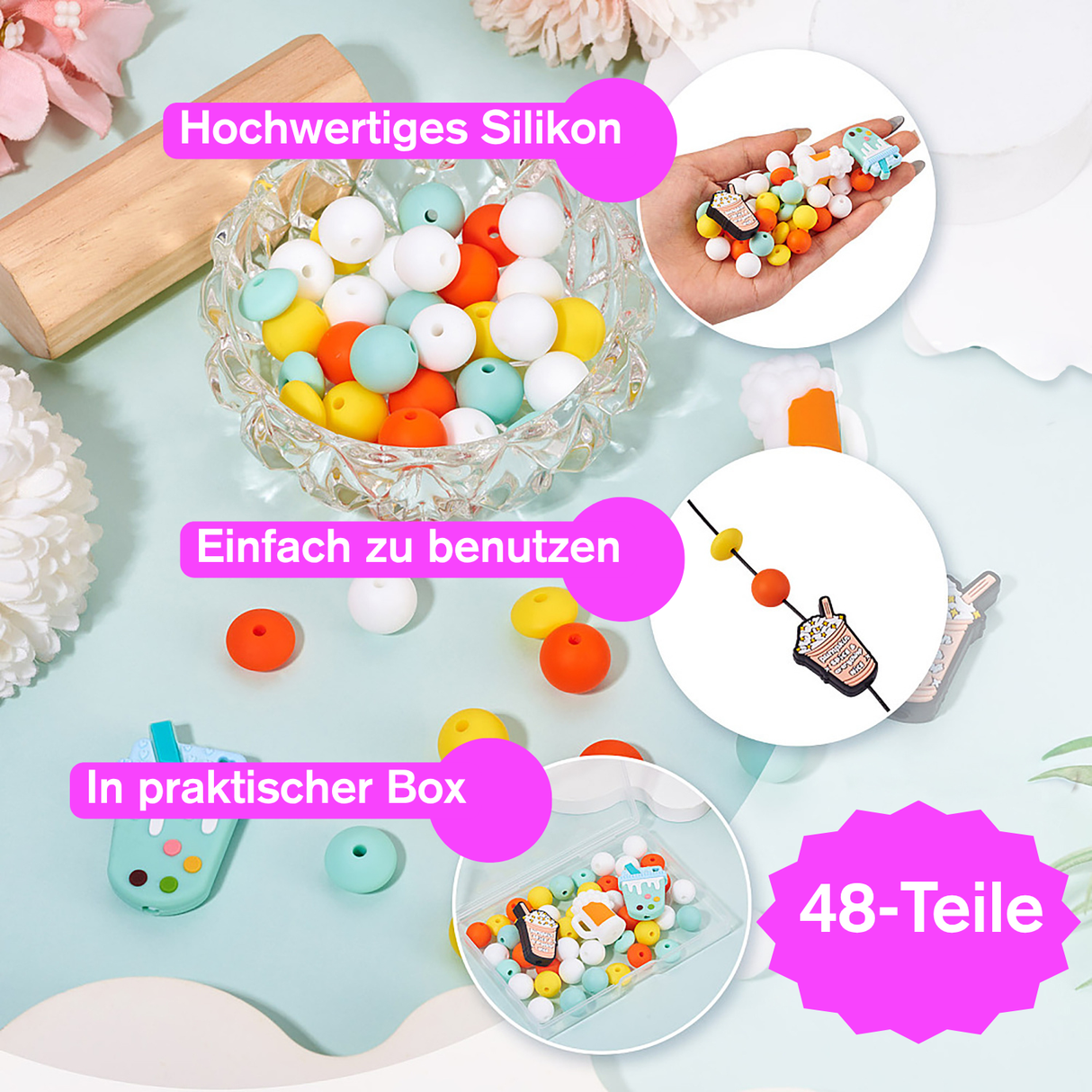 Set de perles Boissons d'été – Bubble Tea, Bière & Pumpkin Spice, 48 pièces