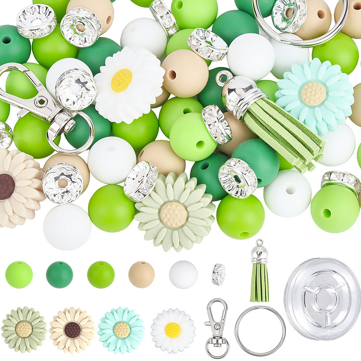 Schlüsselanhänger DIY-Set – Gänseblümchen, Grün, 89-teilig + Faden