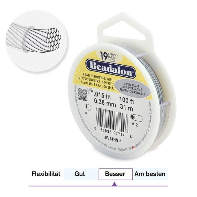 Beadalon Schmuckdraht 19 Fäden (0.38 mm) - Satin Silver (31 m) - PerlineBeads SA