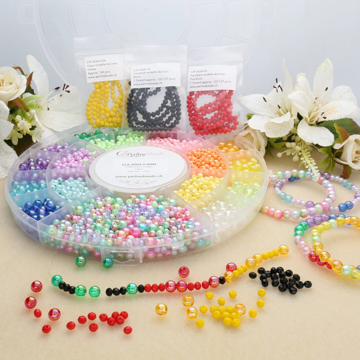DIY Schmuck - Bundle: Acrylperlen, elastischen Faden & Glasrondellen (Rot/Schwarz/Gelb) – 15 % - PerlineBeads SA