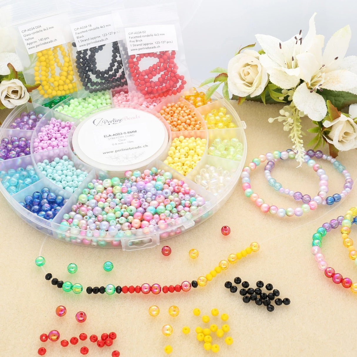 DIY Schmuck - Bundle: Acrylperlen, elastischen Faden & Glasrondellen (Rot/Schwarz/Gelb) – 15 % - PerlineBeads SA
