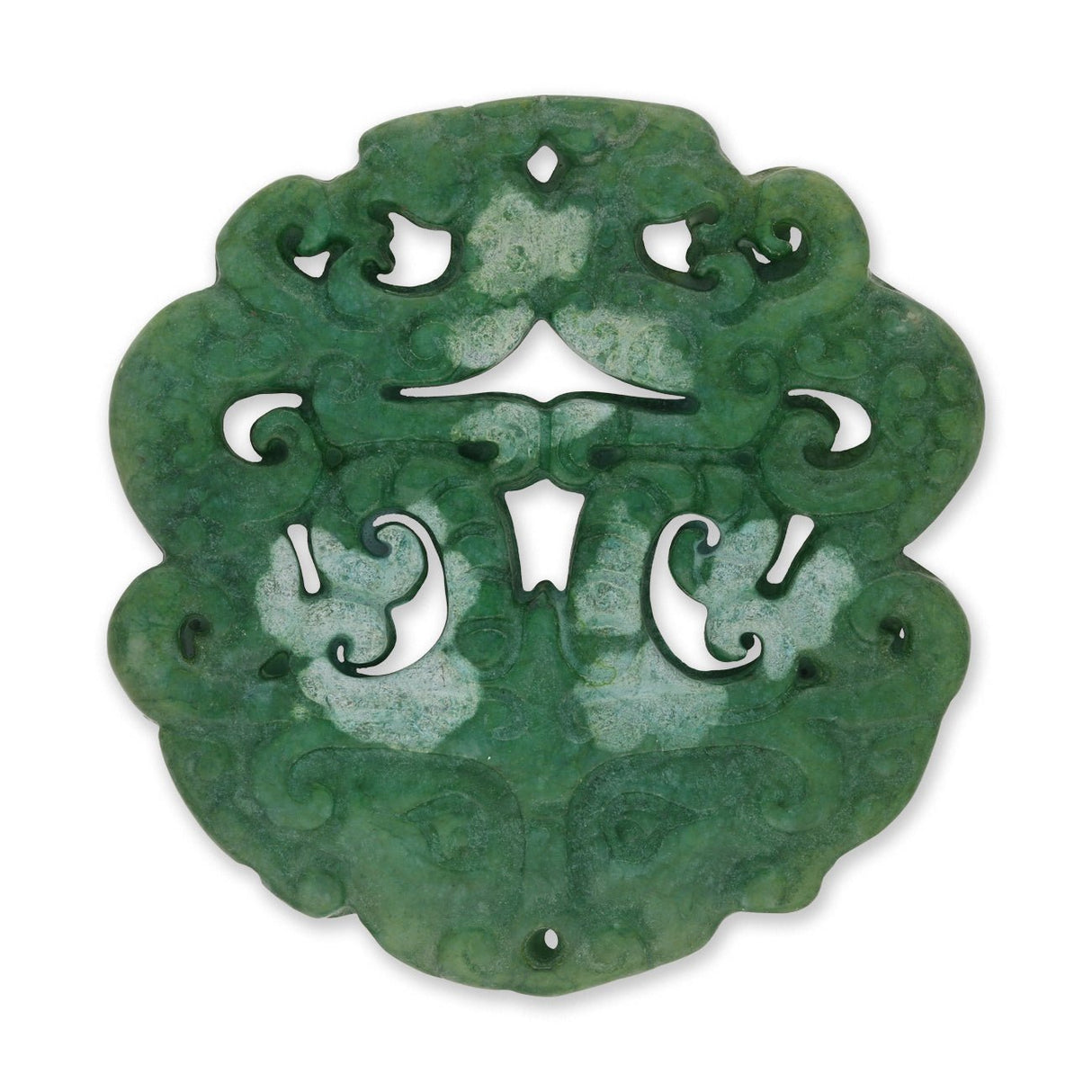 Jade - Anhänger · handgeschnitzt · Taotie - Maske mit Wolkenornamenten · grün · 70 mm - PerlineBeads SA