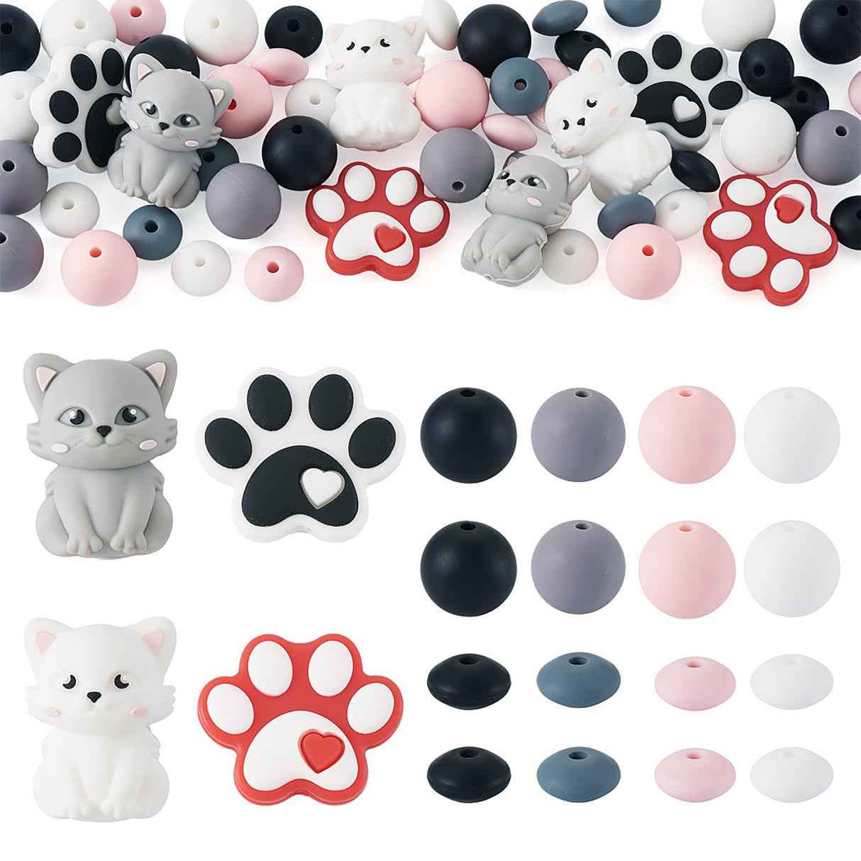 Katzen-Perlenset – Pfötchen & Kätzchen, 52-teilig - PerlineBeads SA