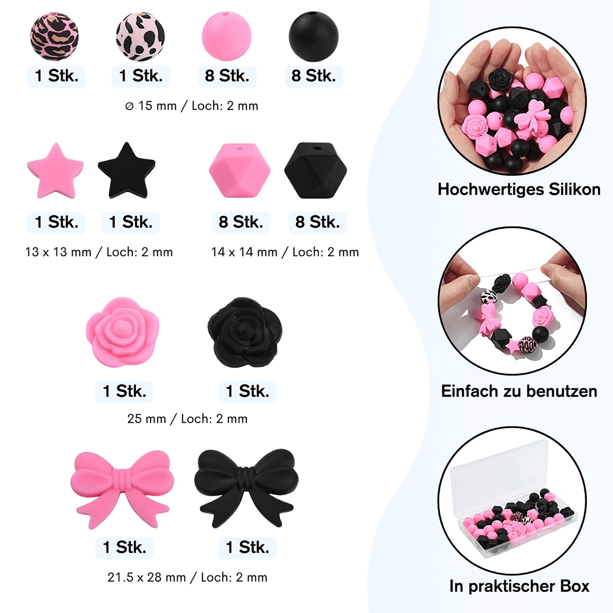 Pink & Schwarz Perlenset – Rosen, Schleifen & Leo-Print, 40-teilig - PerlineBeads SA
