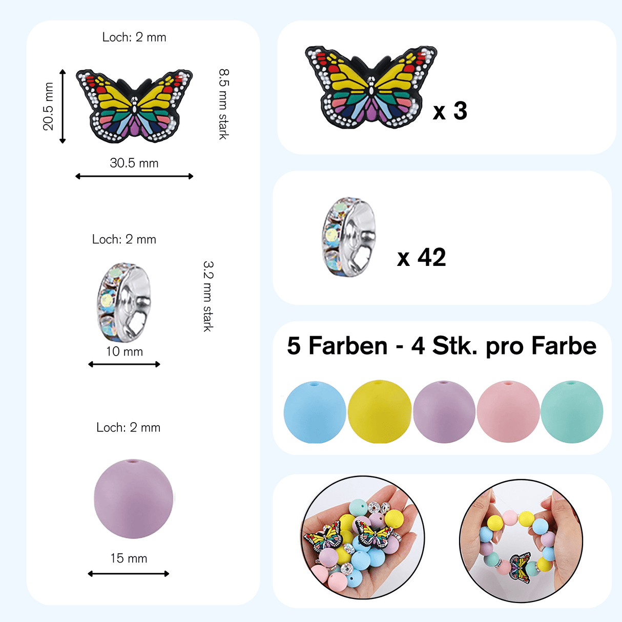 Schmetterling DIY Schmuck-Set Pastell • Silikonperlen & Strass-Spacer • Box mit 65 Teilen - PerlineBeads SA