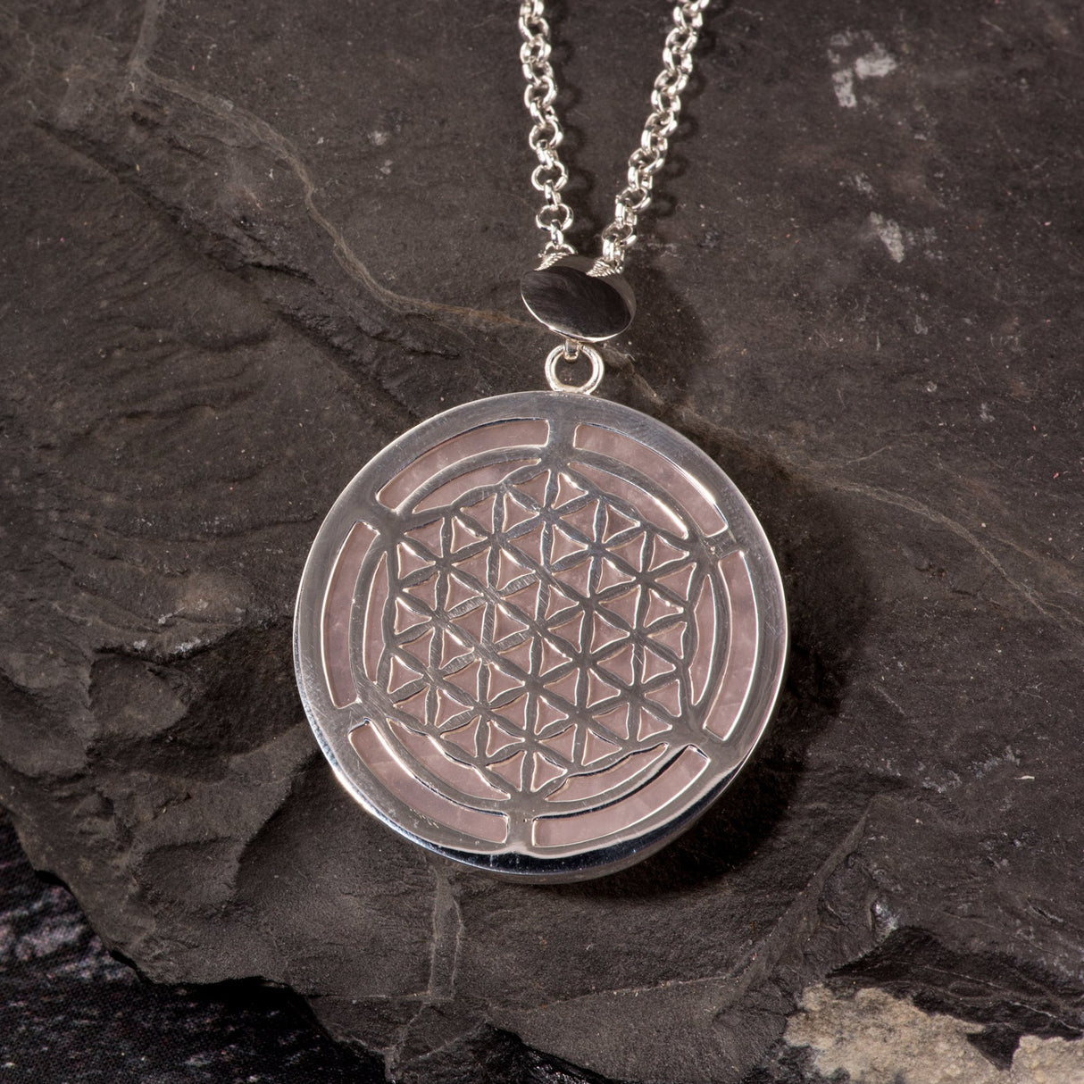 Anhänger Blume des Lebens, Silber und Rosenquarz - PerlineBeads