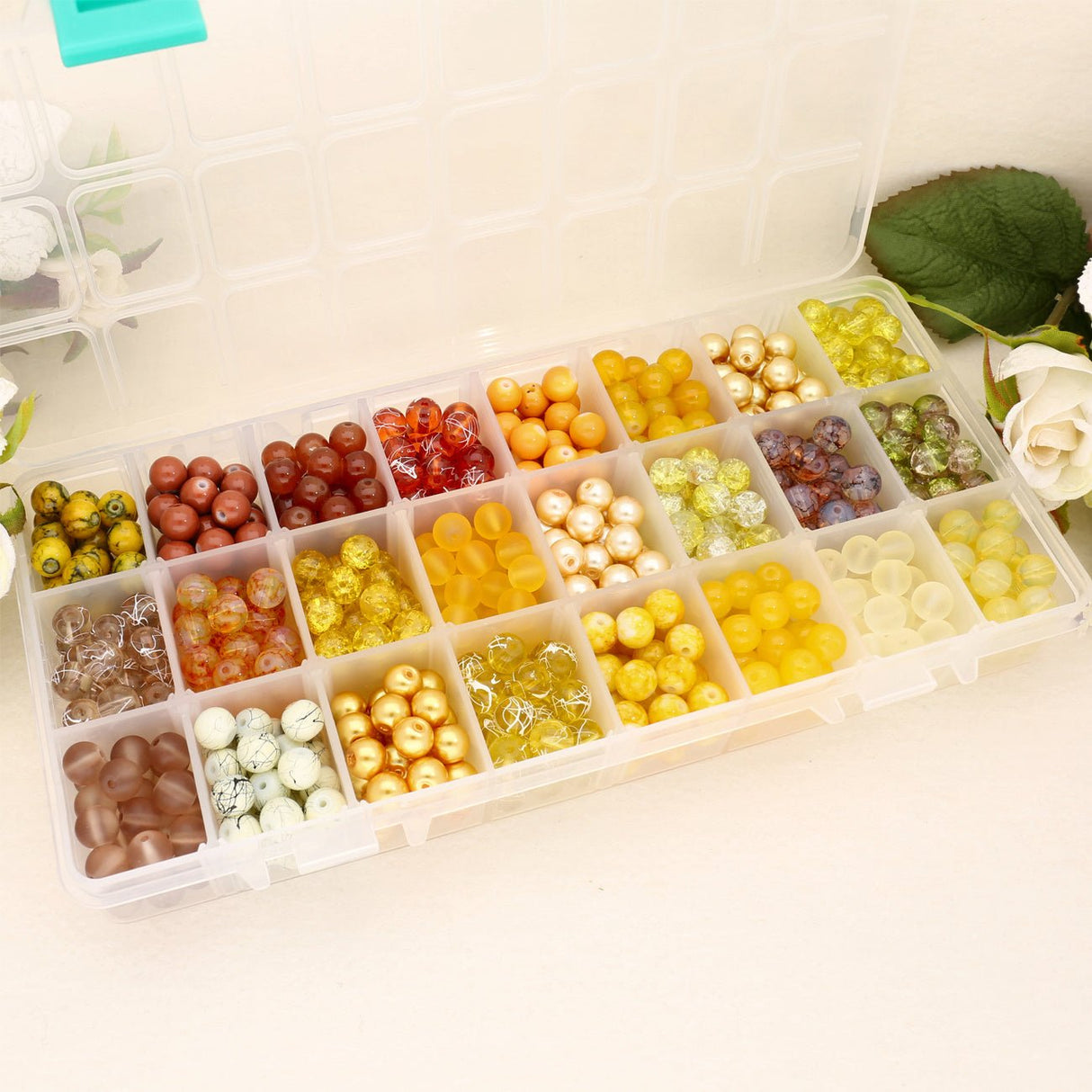 Box mit Sortiment von 24 runden Glasperlen 8 mm - Yellow mix - PerlineBeads