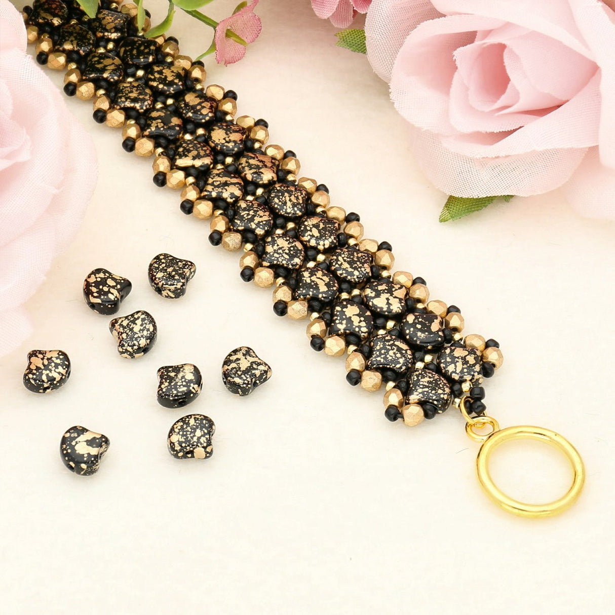 Ginko Leaf Bead - Gold Splash - Jet - PerlineBeads