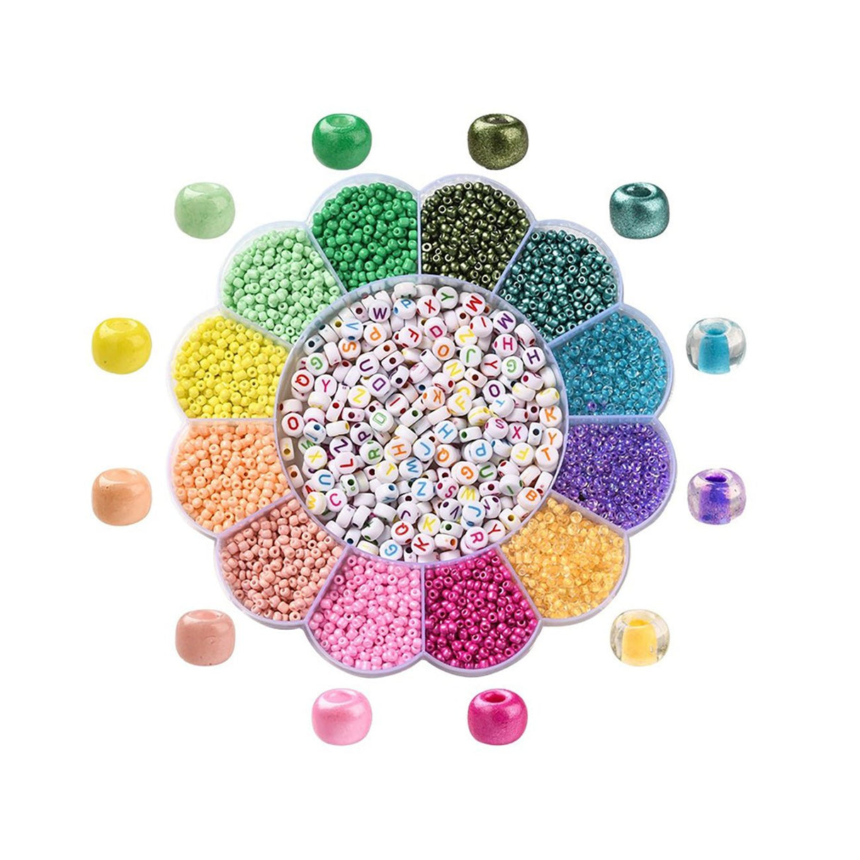 Perles de verre Rocailles 8/0 taille irrégulière - boîte avec perles de lettres