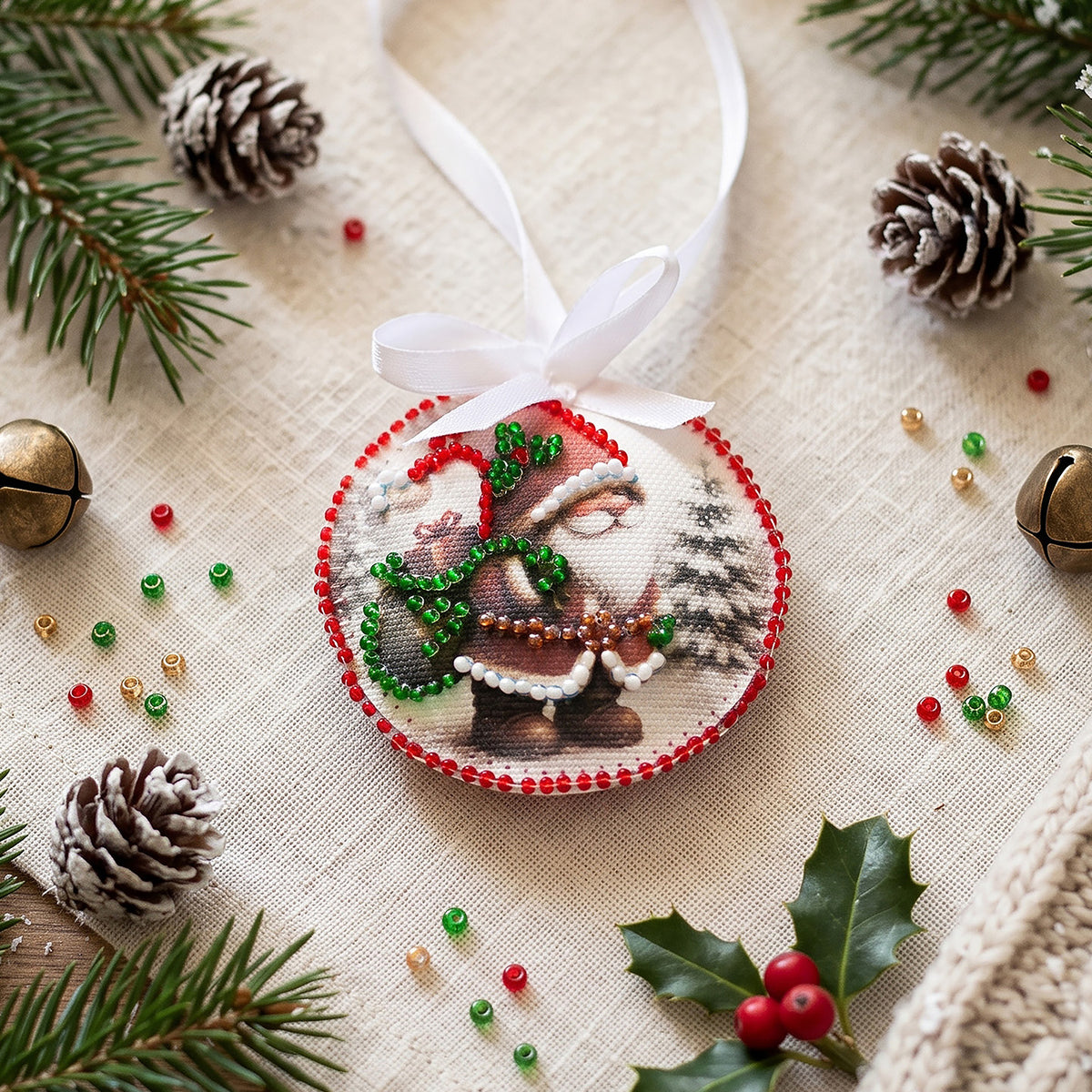 Bead Embroidery Kit Christmas Ornament • Santa & Snowman