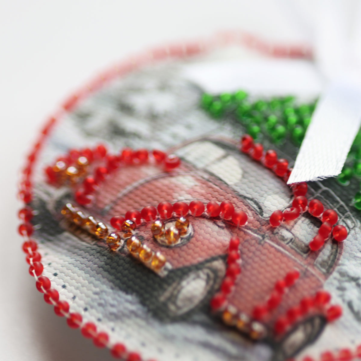 Bead Embroidery Kit Christmas Ornament • Teddy Bear & Car with Christmas Tree