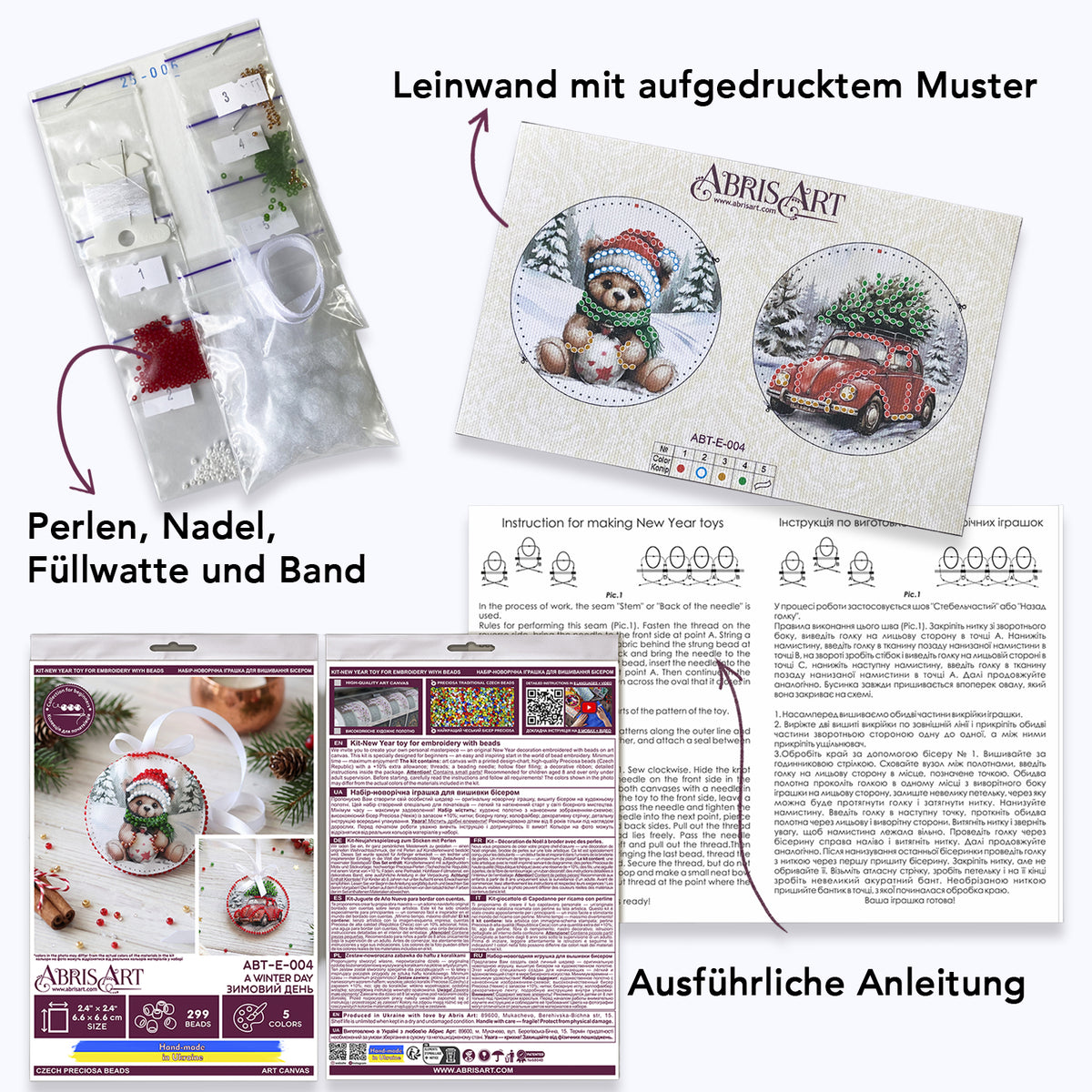 Bead Embroidery Kit Christmas Ornament • Teddy Bear & Car with Christmas Tree