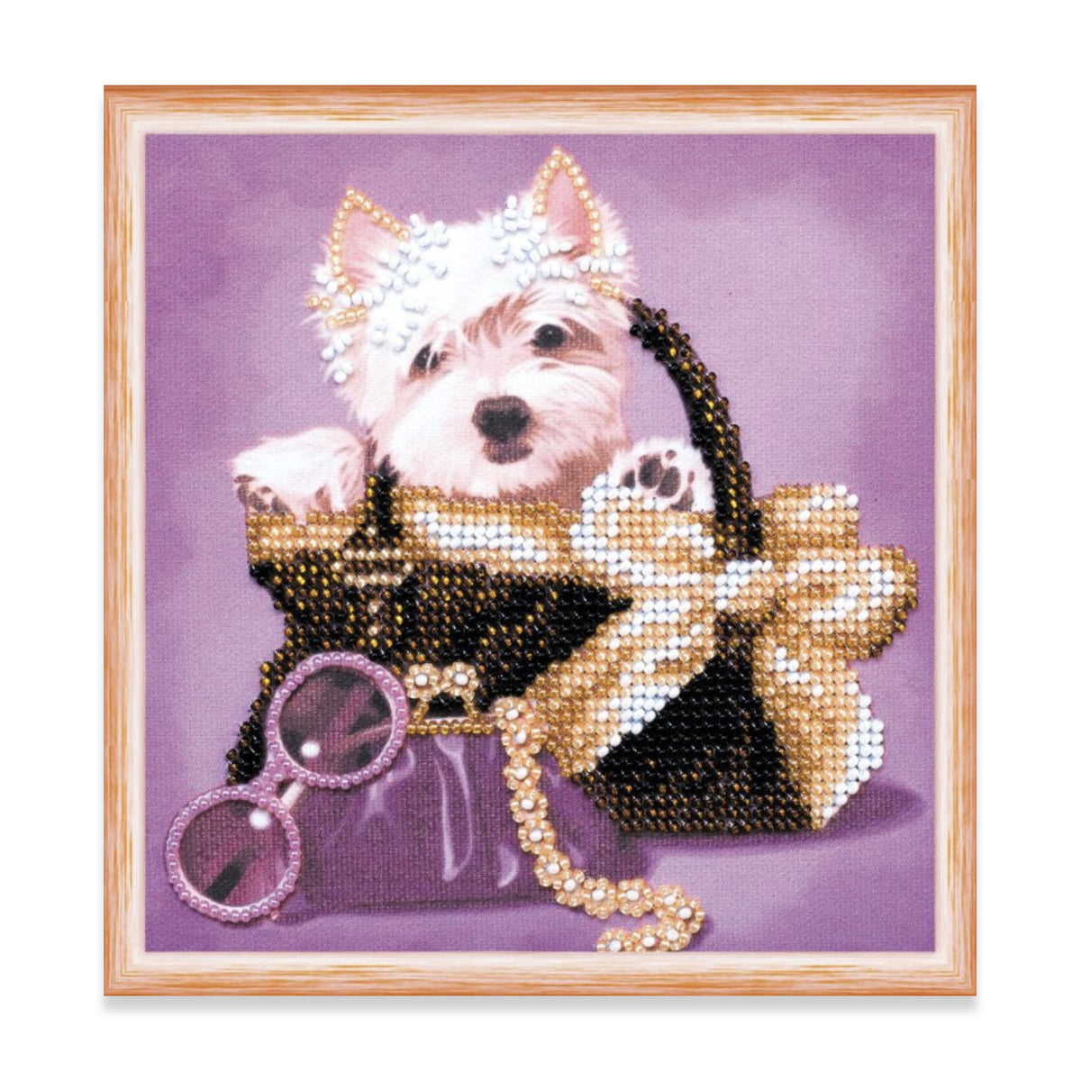 Perlen-Stickbild 15 × 15 cm • Hündchen in der Handtasche