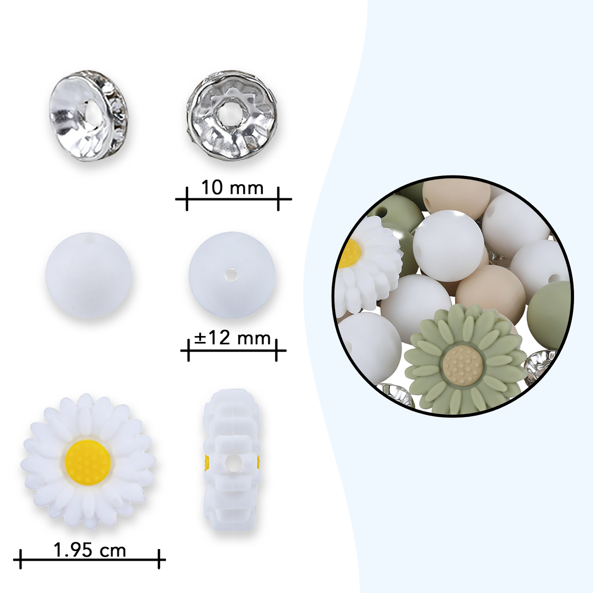 Set di perline floreali – Margherite, edizione Verde Salvia, 79 pezzi