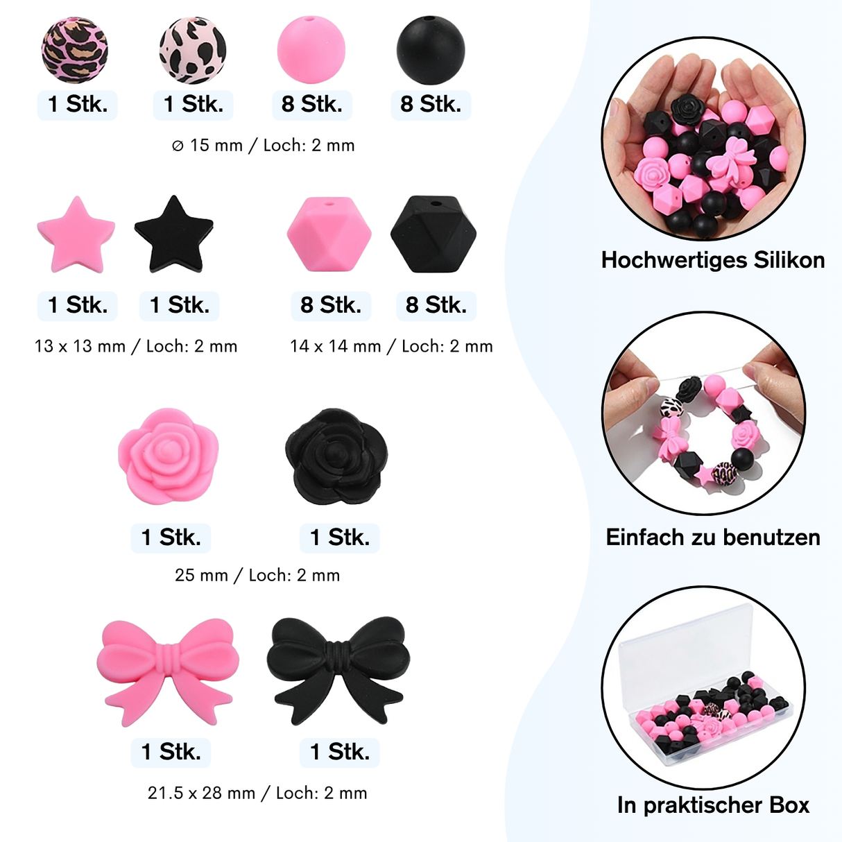 Set di perline Rosa & Nero – Rose, Fiocchi & Stampa Leopardo, 40 pezzi