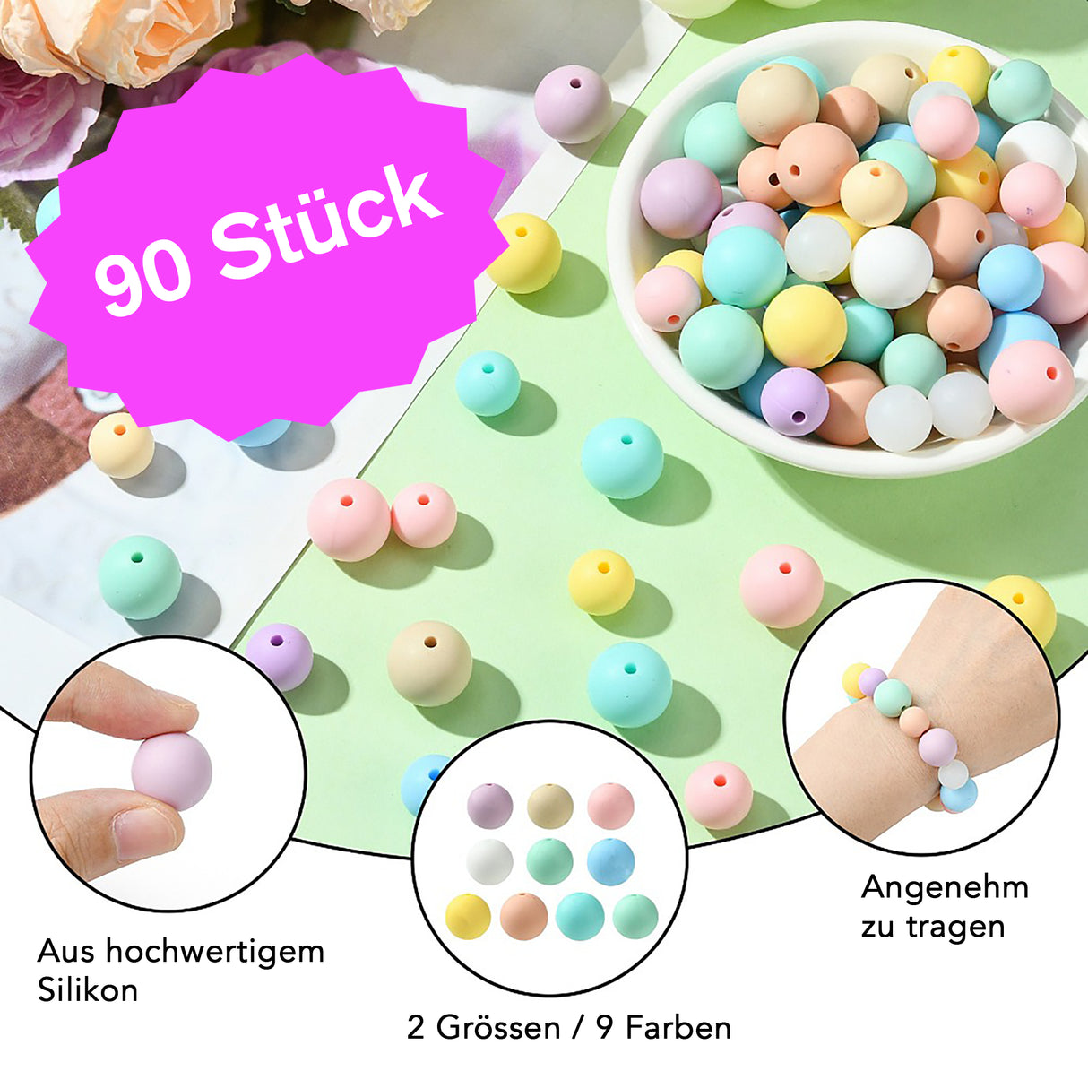Set de perles en silicone Pastel – 90 pièces, 9 couleurs