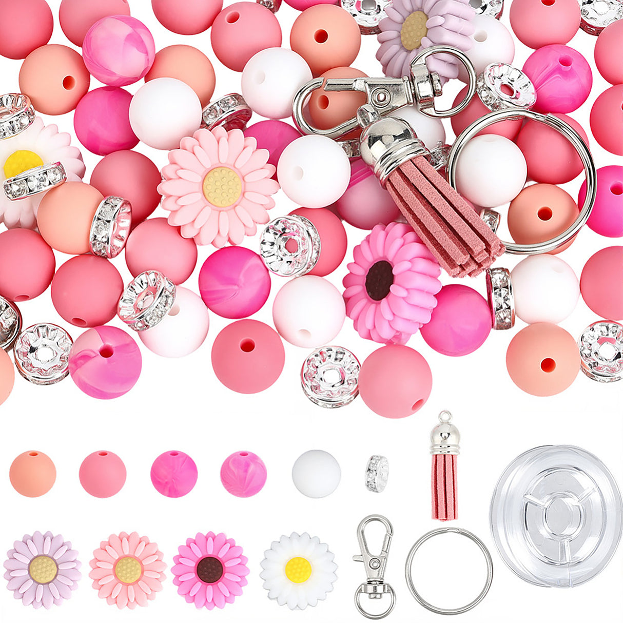 Schlüsselanhänger DIY-Set – Gänseblümchen, Hot Pink, 89-teilig + Faden