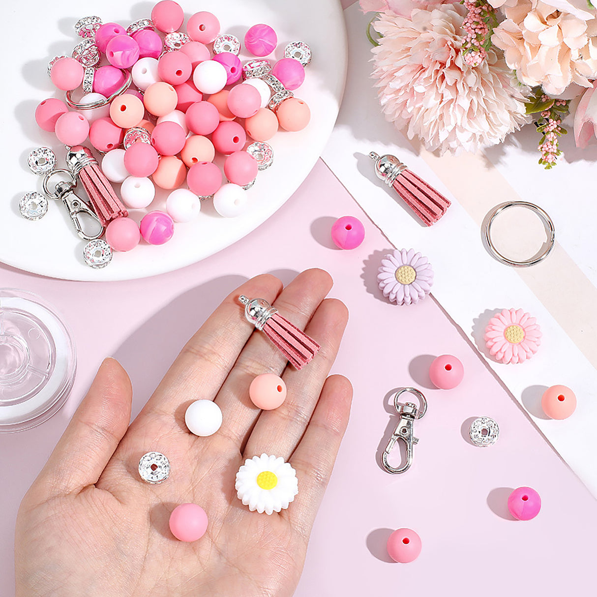 Schlüsselanhänger DIY-Set – Gänseblümchen, Hot Pink, 89-teilig + Faden