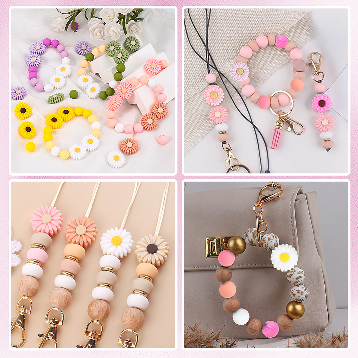 Schlüsselanhänger DIY-Set – Gänseblümchen, Hot Pink, 89-teilig + Faden