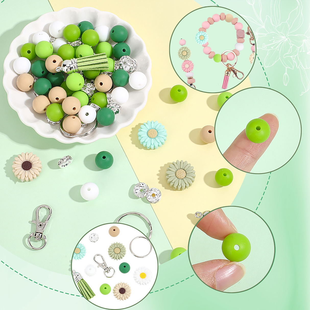 Schlüsselanhänger DIY-Set – Gänseblümchen, Grün, 89-teilig + Faden