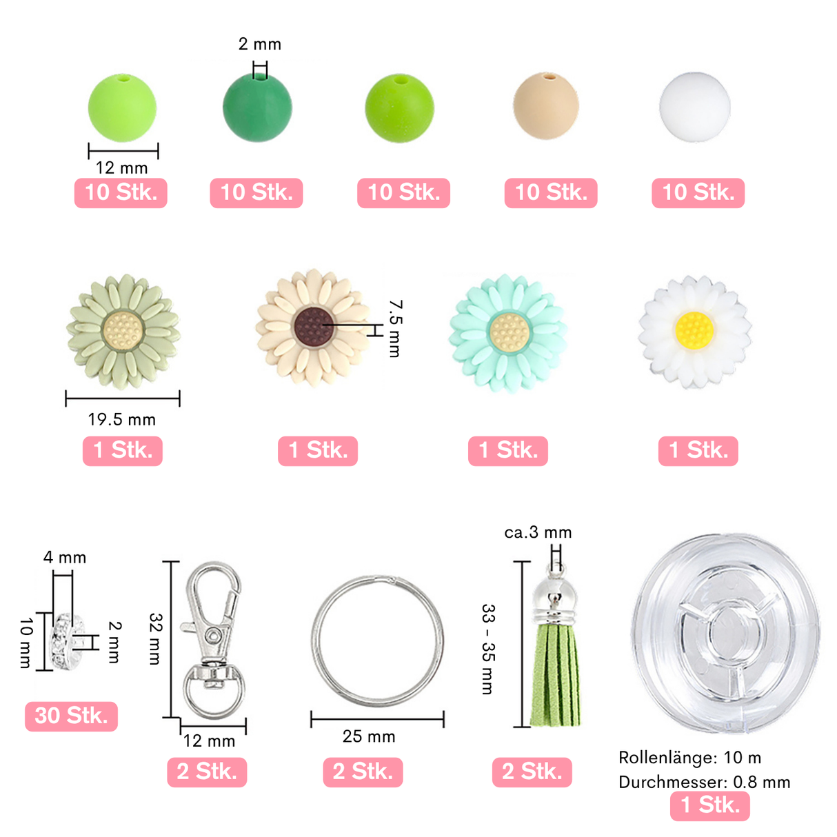 Schlüsselanhänger DIY-Set – Gänseblümchen, Grün, 89-teilig + Faden