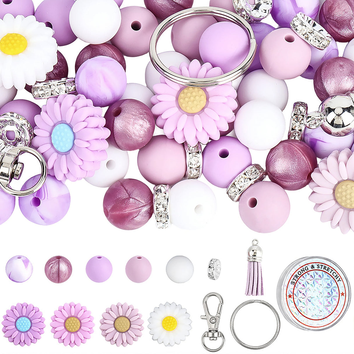 Schlüsselanhänger DIY-Set – Gänseblümchen, Pflaume, 89-teilig + Faden