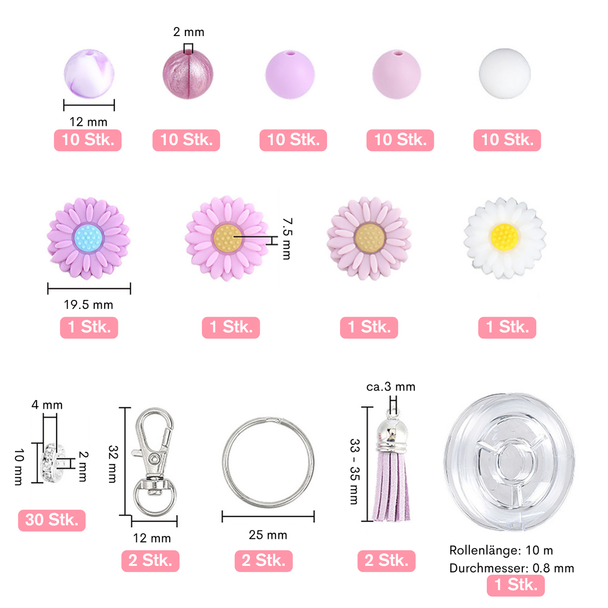 Schlüsselanhänger DIY-Set – Gänseblümchen, Pflaume, 89-teilig + Faden