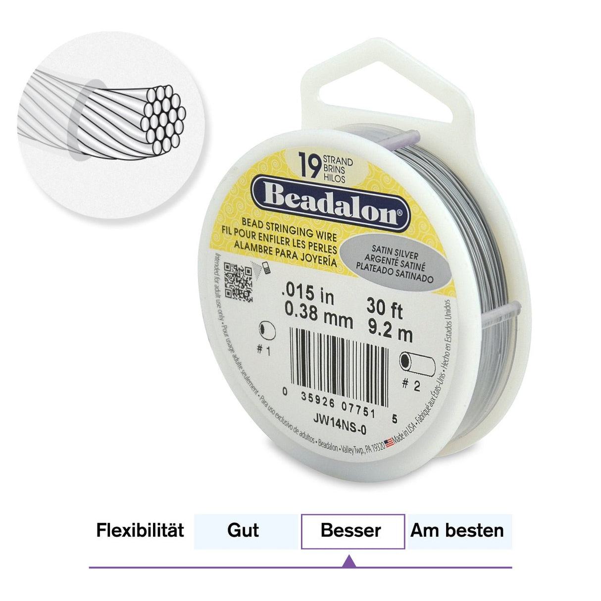 Beadalon Schmuckdraht 19 Fäden (0.38 mm) - Satin Silver (9.2 m) - PerlineBeads SA