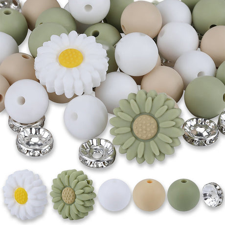Blütenzauber Perlenset – Gänseblümchen, Salbeigrün-Edition, 79-teilig - PerlineBeads SA