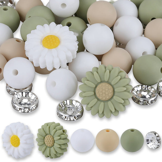 Blütenzauber Perlenset – Gänseblümchen, Salbeigrün-Edition, 79-teilig - PerlineBeads SA
