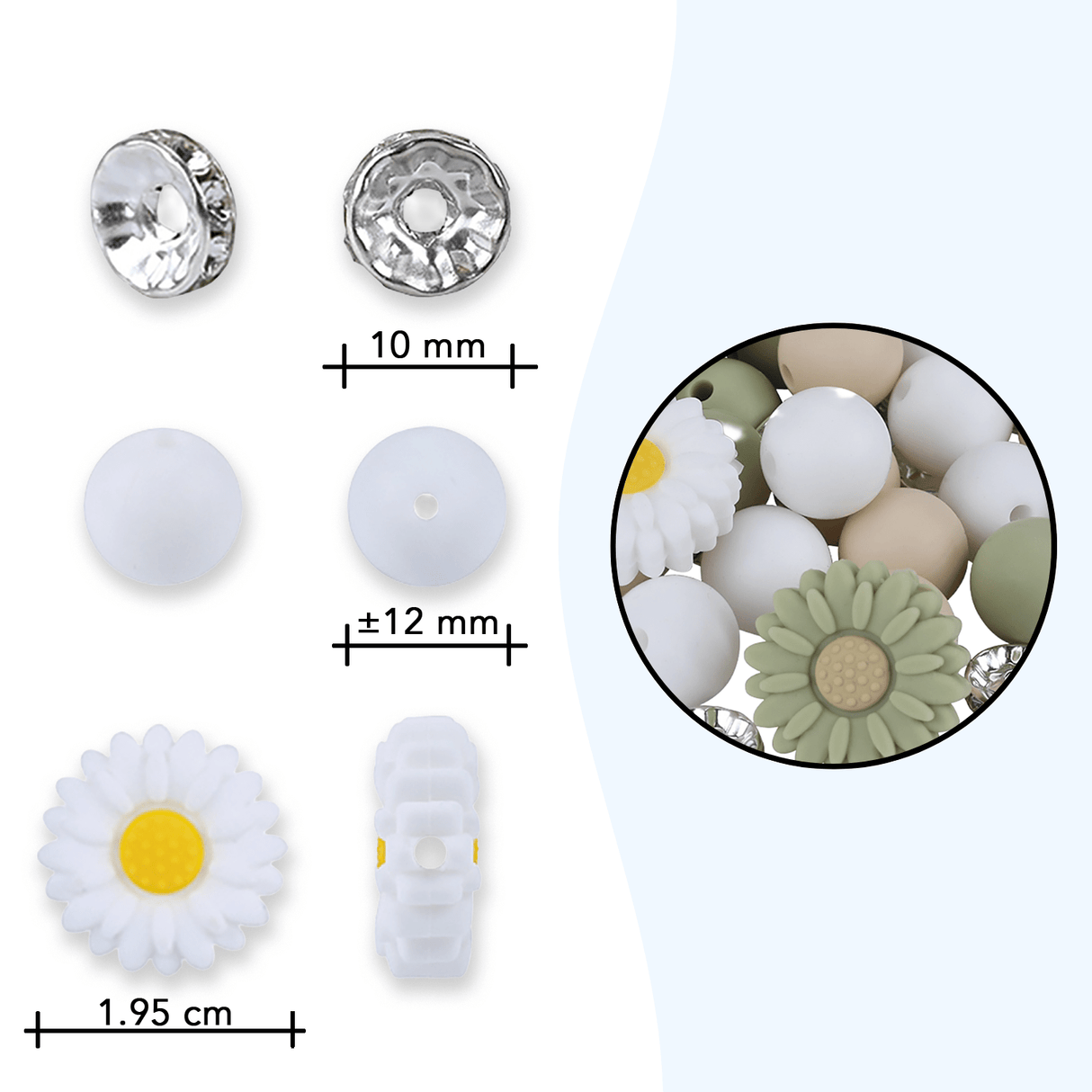 Blütenzauber Perlenset – Gänseblümchen, Salbeigrün-Edition, 79-teilig - PerlineBeads SA