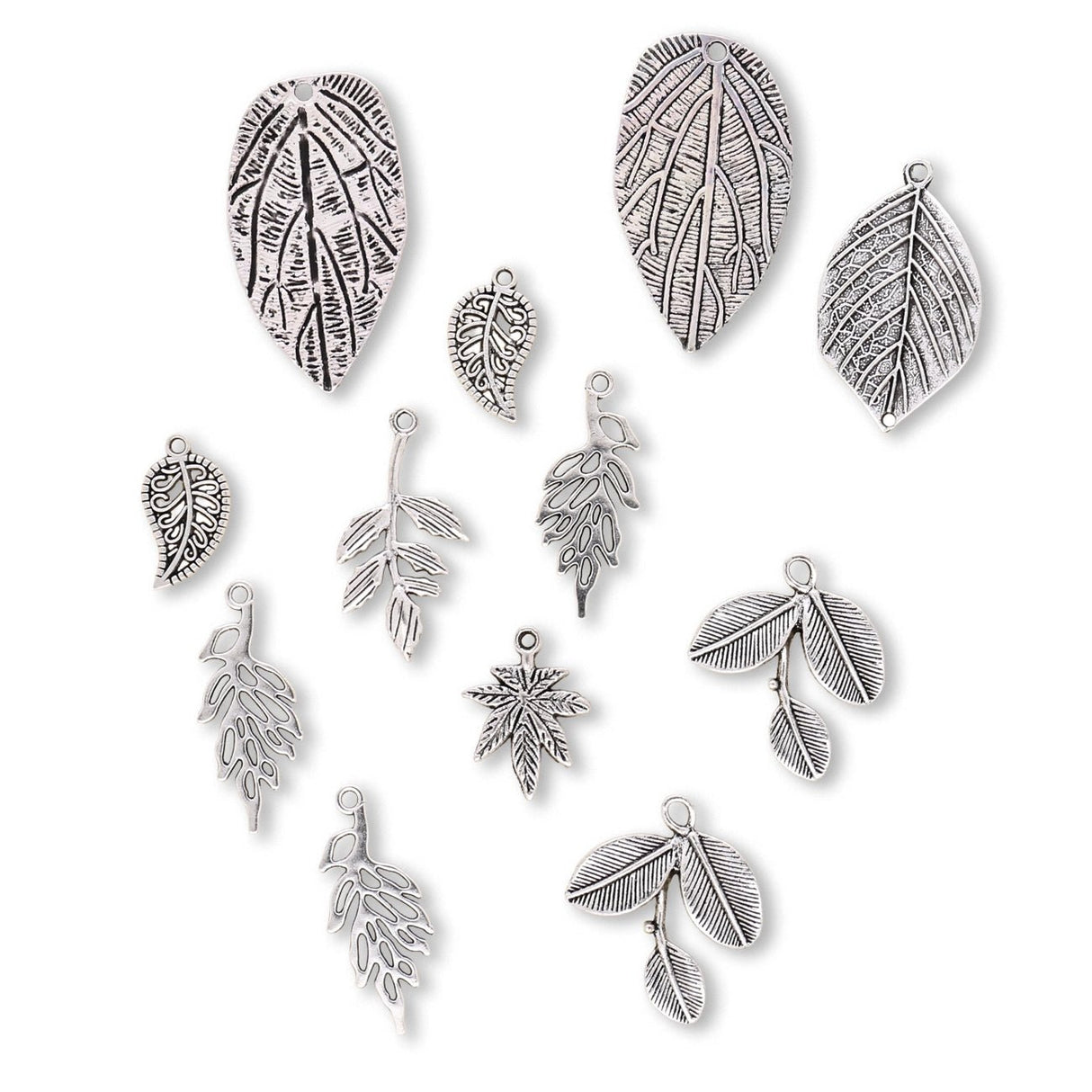 Charm - Anhänger Set mit 10 verschiedenen Blättern – Farbe Antik Silber - PerlineBeads SA