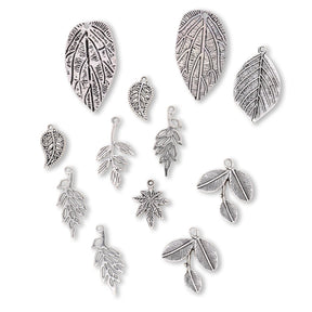 Charm - Anhänger Set mit 10 verschiedenen Blättern – Farbe Antik Silber - PerlineBeads SA