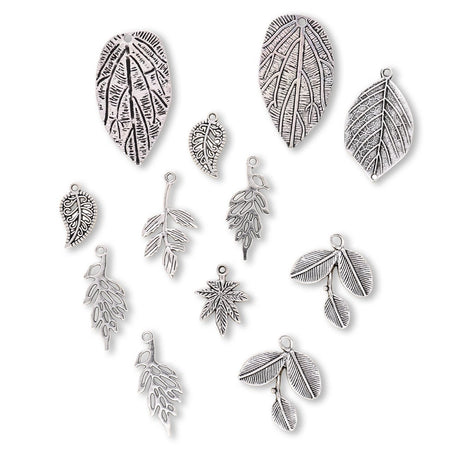 Charm - Anhänger Set mit 10 verschiedenen Blättern – Farbe Antik Silber - PerlineBeads SA