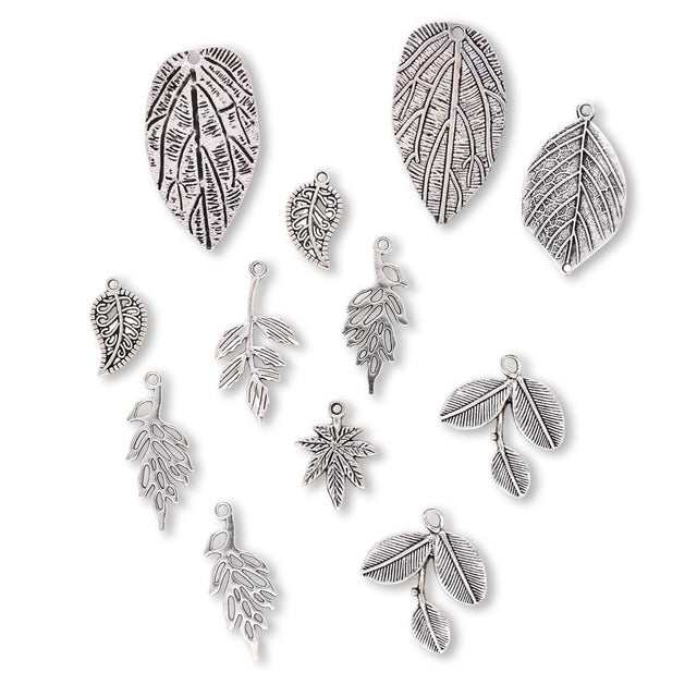 Charm - Anhänger Set mit 10 verschiedenen Blättern – Farbe Antik Silber - PerlineBeads SA