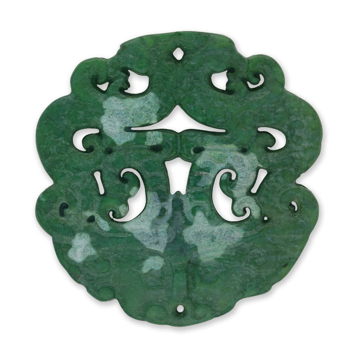 Jade - Anhänger · handgeschnitzt · Taotie - Maske mit Wolkenornamenten · grün · 70 mm - PerlineBeads SA