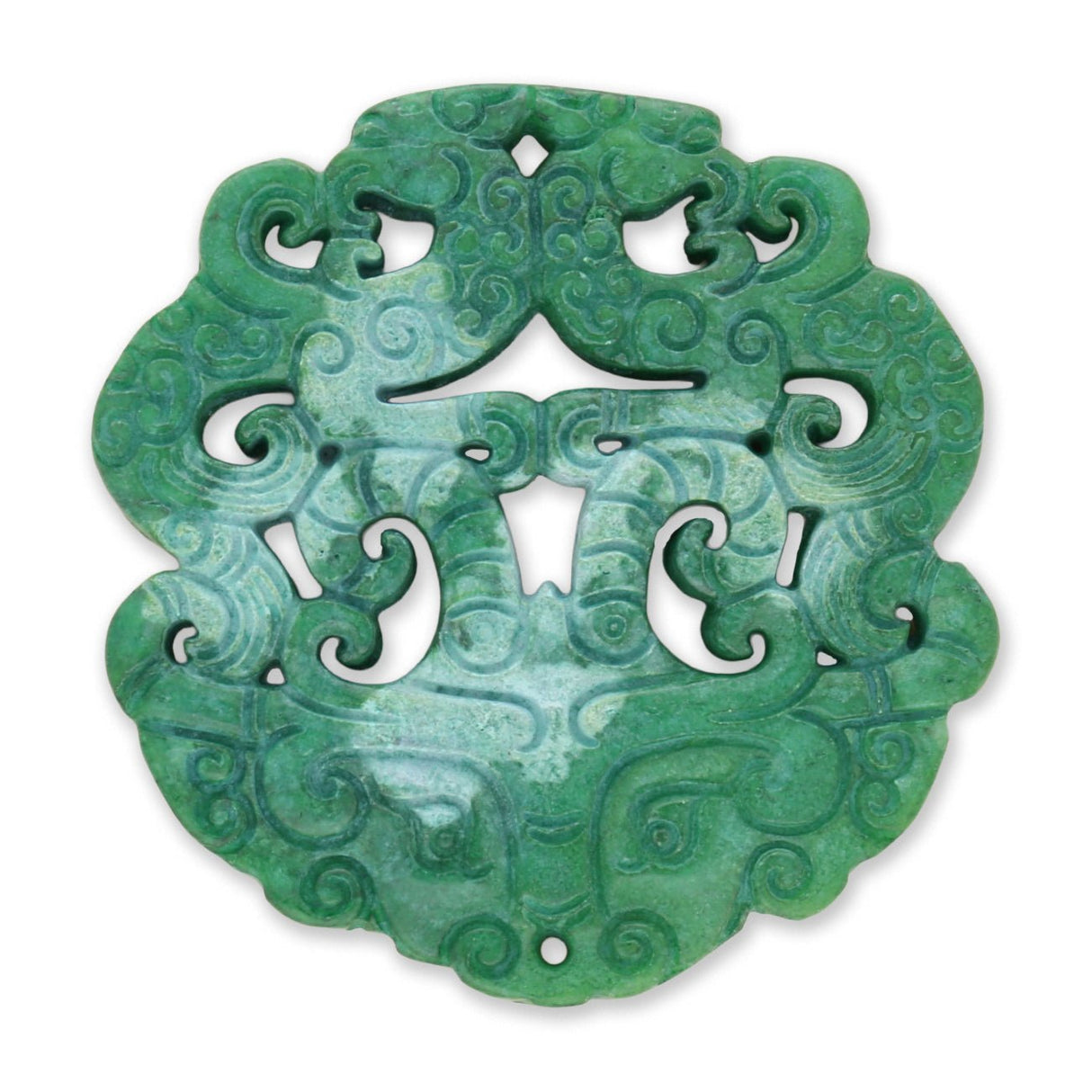 Jade - Anhänger · handgeschnitzt · Taotie - Maske mit Wolkenornamenten · grün · 70 mm - PerlineBeads SA