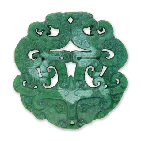 Jade - Anhänger · handgeschnitzt · Taotie - Maske mit Wolkenornamenten · grün · 70 mm - PerlineBeads SA