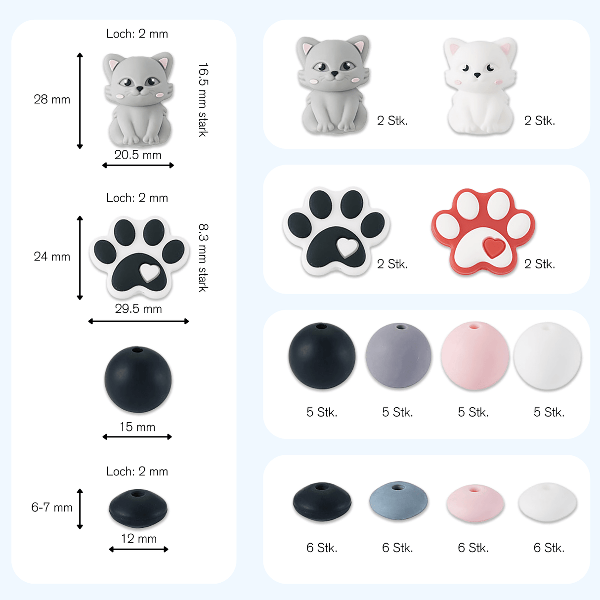 Katzen-Perlenset – Pfötchen & Kätzchen, 52-teilig - PerlineBeads SA