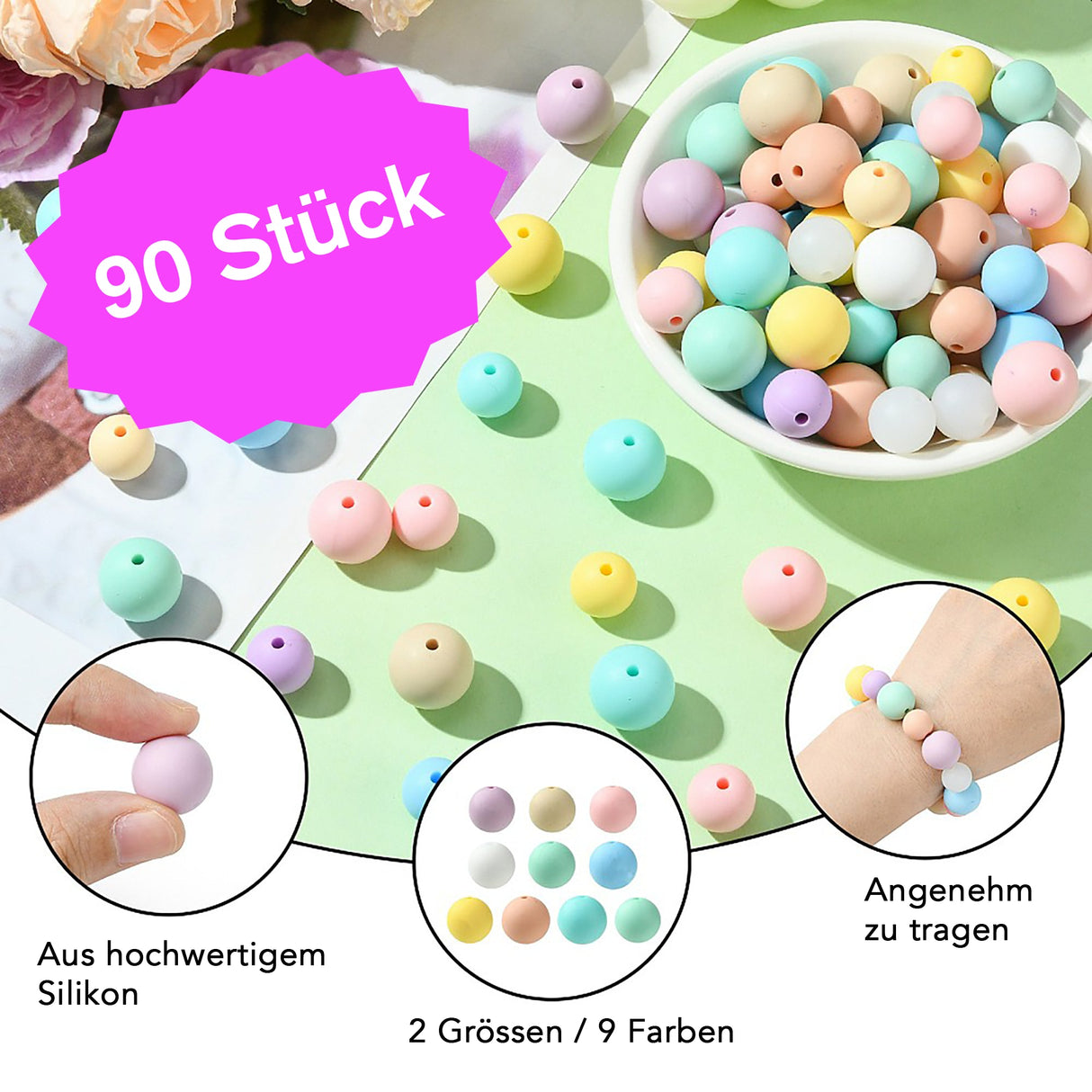 Pastell Perlenset – 90-teilig, 9 Farben - PerlineBeads SA