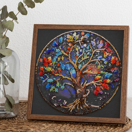 Perlen-Stickbild 15 × 15 cm • Lebensbaum in Regenbogenfarben - PerlineBeads SA