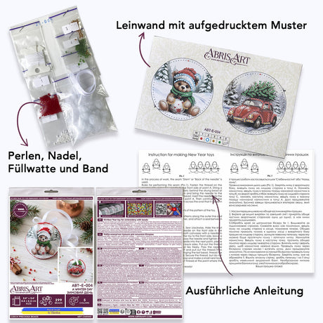 Perlen-Stickset Weihnachtsanhänger • Teddybär & Auto mit Tannenbaum - PerlineBeads SA